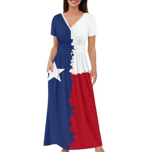 Image of Women's Fall Summer Short Sleeve Ankle Length V-Neck Party Dress with Pockets Size S-3XL