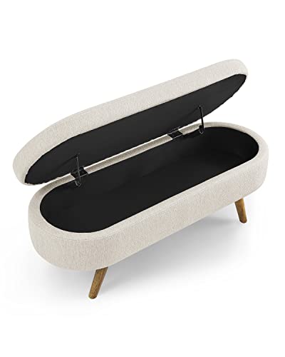 Oval Storage Bench 43.5" Linen Fabric Upholstered Entryway Bench with Solid Wood Legs Ottoman Bench Indoor Bench for Living Room/Bedroom/End of Bed/Entryway (Beige)