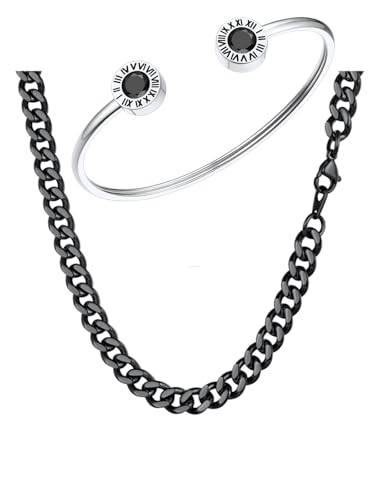 FindChic FindChic 7mm 18'' Black Curb Necklace Thick Link Chains for Men and Stainless Steel Cuff Bracelet With Roman Numerals