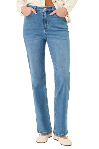Roman Stretch Straight Leg Jeans for Women UK - Ladies Cotton Denim Trousers Stretchy Office Work Casual Smart High Rise Elasticated Waist Regular Cut Pants - Denim - Size 18