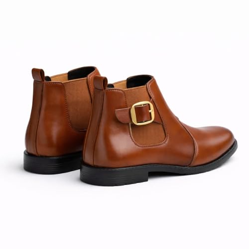Image of Chelsea Ankle Boots, Brown, Elastic Side Panel, Gold Buckle Detail, Black Sole