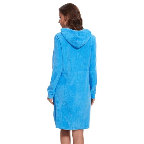 Mnamo Eleganter Damen Bademantel mit Kapuze und Reißverschluss aus Frottee Kurz und Leicht Türkis Gr.L
