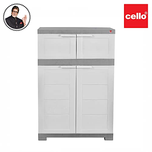 Image of CELLO Novelty Dual Plastic Shoe Rack with Dustproof Doors| 3 Year Warranty | Chappal /Slipper /Footwear Stand for Home, Living Room, Office, Outdoor| White & Grey Colour