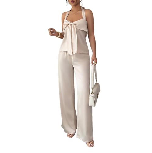 watersouprty Women's Sexy Two Piece Outfit Summer Sleeveless Halter Vest Wide Leg Pants Set