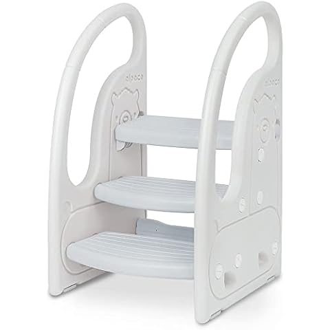 Toddler 3 Step Stool Onasti Kids Standing Tower for Toddlers Plastic Learning Helper Stool for Kitchen Counter Bathroom Sink Toilet Potty Training with Handles and Non-Slip Pads-Grey White Cover