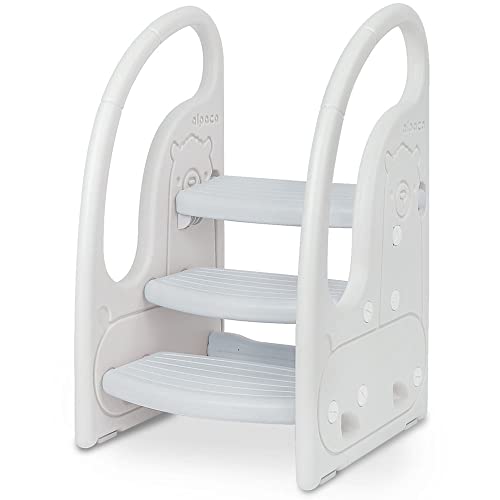 Toddler 3 Step Stool Onasti Kids Standing Tower for Toddlers Plastic Learning Helper Stool for Kitchen Counter Bathroom Sink Toilet Potty Training with Handles and Non-Slip Pads-Grey White
