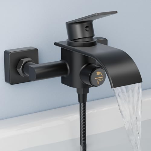 KULACO Rubinetto per vasca da bagno a cascata nera, miscelatore per vasca da bagno, rubinetto in ottone con interruttore a pressione, rubinetto doccia per montaggio a parete, colore nero