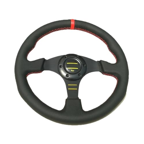 Volante sportivo da 13'' per auto, cuciture rosse/gialle, tipo piatto, volante da corsa in vera pelle, 330 mm, universale(Red Rim-omp)