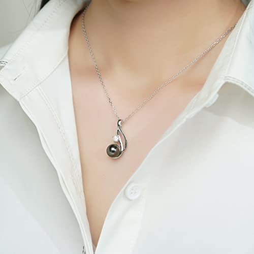 Anuclub Tahitian Black Pearl Pendant Moissanite Necklace, 9.5-10Mm 5A Quality Round Pearl South Sea Cultured Pearl, 925 Sterling Silver Black Pearl Necklace, Gifts For Women Wife Mom Girl #TOP4