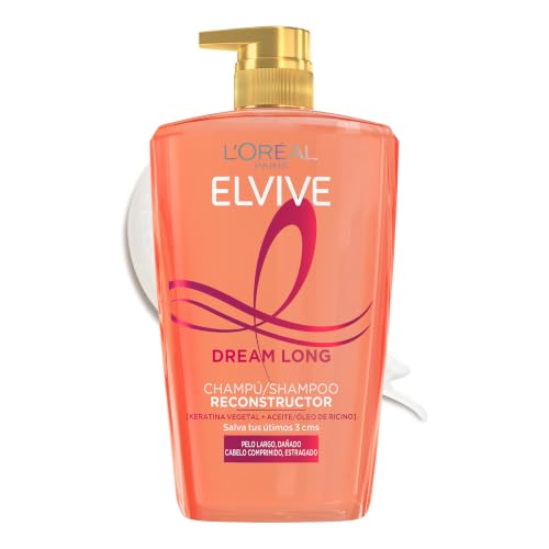 L’Oréal Paris Elvive Dream Long Champú Reconstructor Para Pelo Largo, 1L | Keratina Vegetal, Aceite de Ricino y Vitaminas, Repara los Largos, Aporta Brillo y Fuerza, Dream Long