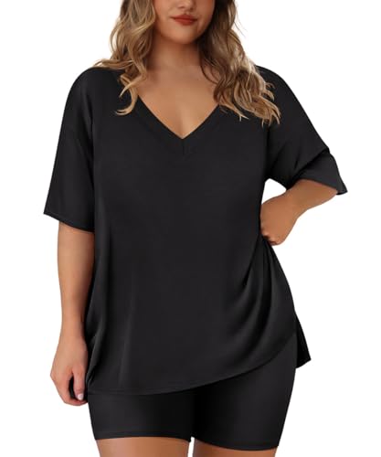 RITERA Plus Size 2 Piece Outfits For Women Shorts Sleeve Biker Shorts Summer Tracksuit V Neck Spilt Hem XL-5XL