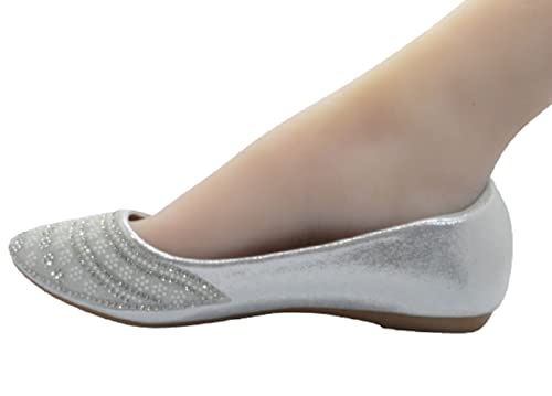 Flache Damen-Pumps zum Reinschlüpfen, Ballerina, Dolly mit runden Zehen und Strasssteinen, Silber 9, 39 EU Cover