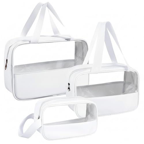 Image of KBS Toiletry Kit Cosmetic Makeup Storage Organizer Clear Styilish Wash Bag Pouch Set of 3 for Travel Luggage Transparent with Metal Zipper Gift for Men Women Girls (Cream)