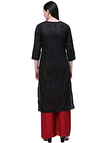 Image of Ada Hand Embroidered Lucknowi Chikankari Straight Cotton Kurta Kurti for Women A215306 Black (M)