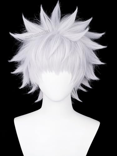 Image of Half and Half Short White Anime Cosplay Wig for Men Silver White Hunter-Killer Male Wigs with Bangs Light Purple White Spiky Layered Wig for Hallloween Party Costumes Women