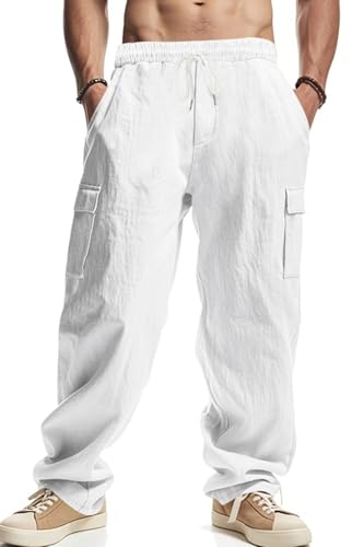 PADOLA Pantalon Lin Homme avec 4 Poches Taille Elastique Décontracté Pantalons de Travail Léger été Cargo de Plage Fluide Pantalon Yoga Cordon de Serrage...