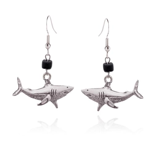 Silver Shark Earrings With Black Wooden Bead for Women Men (Silver Shark)