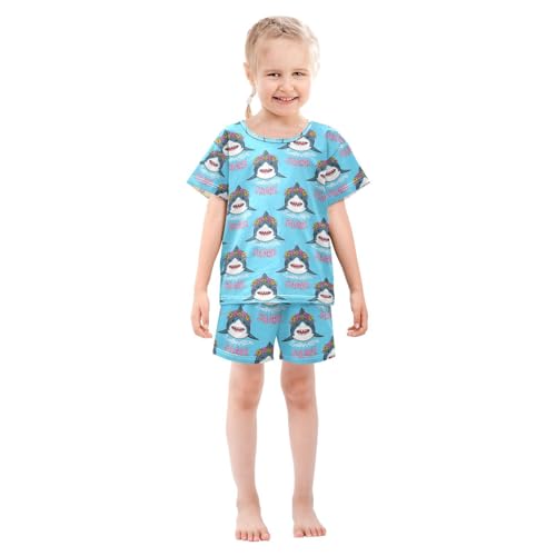 ALAZA Shark with Flower Wreath Blue Pajamas Set Short Sleeve Cotton Sleepwear Summer Pjs 2 Piece 5-14Y3