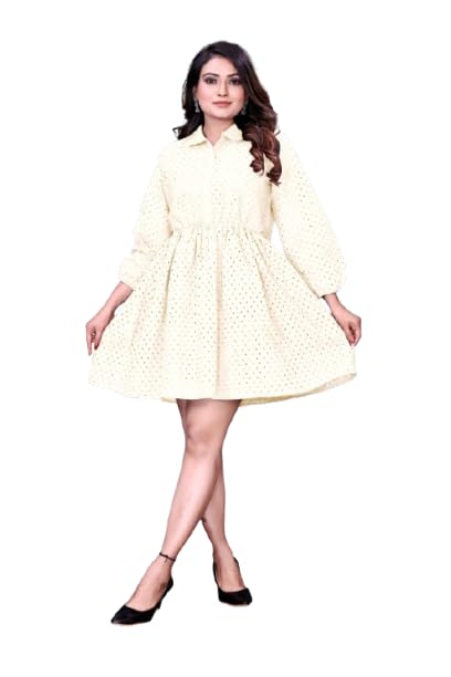 Image of Women's Cotton Self Design Chicken Work Midi Dress for Women | One Piece Dress for Women