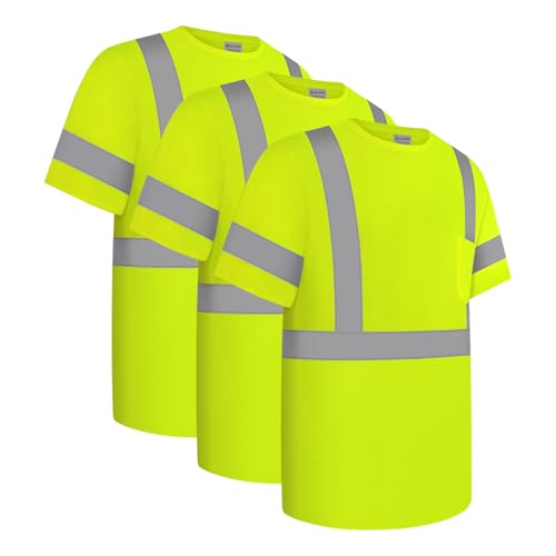 Uno Mejor Work Shirts for Men ConstrUCRtion Class 3 High Visibility Shirts, Hi Vis Reflective Safety T-Shirts for Men Women, Short Sleeve Work Shirts, Durable to Use, UCR-Yellow XL,3PACK