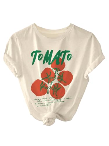 SweatyRocks Women's Tomato Graphic Crew Neck T Shirts Letter Print Short Sleeve Summer Casual Tees Apricot Medium