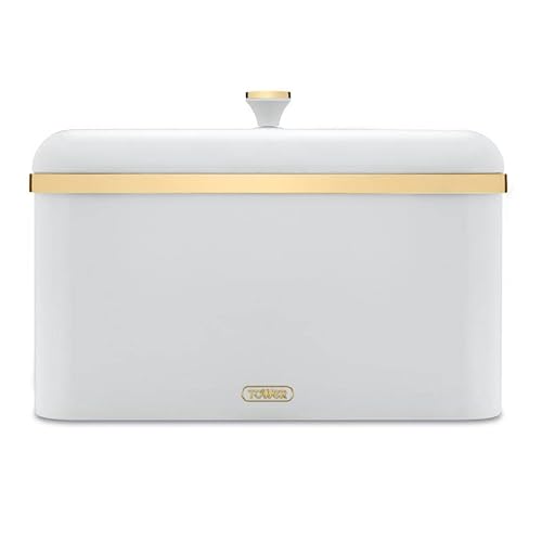 Tower Cavaletto Bread Bin in Optic White with Brushed Champagne Gold Accents. Modern & Contemporary Kitchen Storage