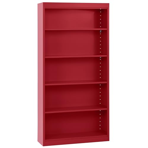 Sandusky BA40361272-01 Elite Welded Bookcase with Adjustable Shelves, 5-Tier Open Display Bookshelf for Home, Office, 12" D x 36" W x 72" H, Red