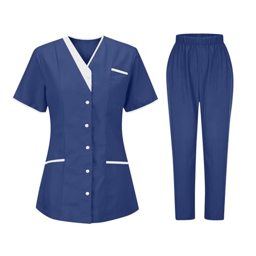 Women's 2PC Tops Housekeeping Nail Coffee Pet Chef Coat Shirts Cleaning Hotel Uniform Waitress Workwear Sets with Pockets