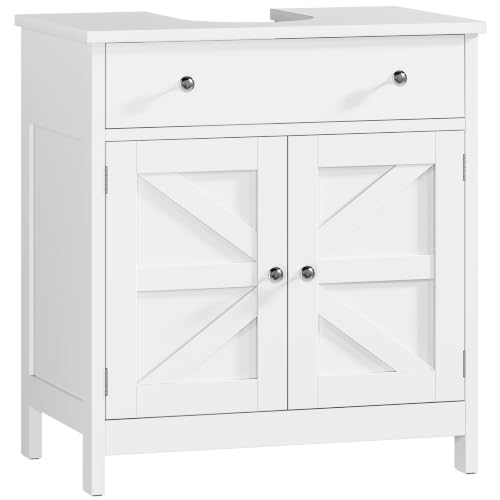 Image of TEENFON Pedestal Sink Storage Cabinet with 2 Barn Doors and Drawer, Bathroom Sink Cabinet with U-Shape Cut-Out, Pedestal Sink Cabinet, White