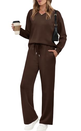Image of WIHOLL Lounge Sets for Women 2026 V Neck 2 Piece Outfits Airport Wide Leg Pants Matching Set Sweatsuits