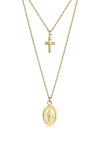Elli Halskette Damen Kreuz Marienbild Anhänger Layer Zweireihig in 925 Sterling Silber Vergoldet