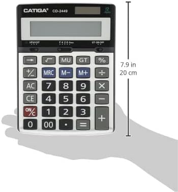 CATIGA CD-2449 Electronic Calculator held in hand with dimensions