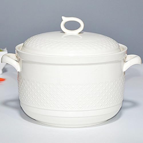 Olla de cerámica, Sopera pequeña de cobre blanco, porcelana, con tapa y cuchara. Cacerola redonda gran capacidad(White,2.3Quarts)