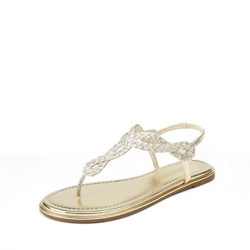 DREAM PAIRS Women's Flat Sandals Dressy Summer Stappy Comfortable Ankle Elastic T-Strap Beach Thong Sandals 6 Gold