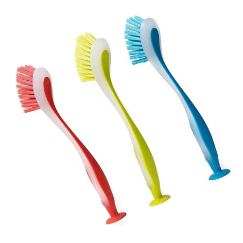 Set di 3 spazzole abrasive da cucina con base a ventosa, manico lungo ed ergonomico, colori assortiti per lavare i piatti, igienici, con manico lungo