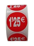 rollos de etiquetas de precio '1.25€' para productos rebajados | 2.500 pegatinas autoadhesivas de descuento en color rojo brillante | Pegatinas redondas para etiquetar ofertas de Ø35 mm(1.25€)