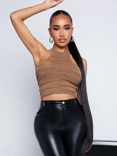 Women's Textured Mock Neck Knit Halter Top Sleeveless Open Back Fitted Crop Tops