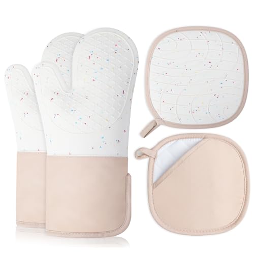 Romon Manoplas Horno Juego De 4 Piezas 2 Guantes Horno 2 Protectores De Plato , Resistentes Al Calor Hasta 350 C, Antideslizantes En Silicona Lavables Y Almacenables Para Cocina Y Barbacoa Beige