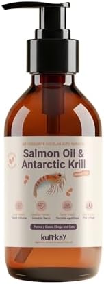Aceite de Salmon y Krill para Perros y Gatos Kunkay 250 ml con Omega 3 Fosfolipidico y Antioxidante - Indicado para Mejorar Articulaciones, Piel y Pelo