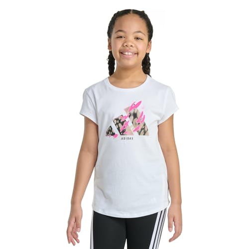 Adidas Girls Short Sleeve Logo Graphic T-Shirt – Soft Cotton or Cotton Blend Jersey Tee, Ribbed Crewneck, White Multi, S (7/8)