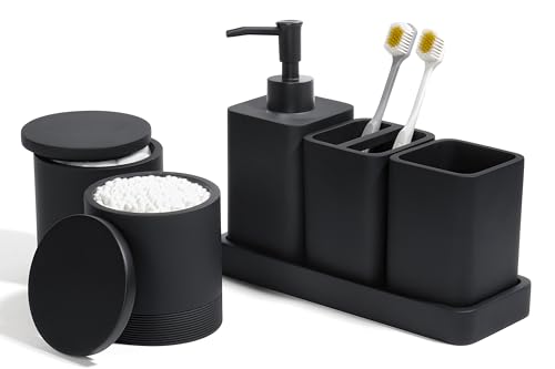 YMXYJM Bathroom Accessories Set 6 Piece Bathroom Set with Toothbrush Holders Soap Dispenser Vanity Tray Tumbler Cotton Swab Jars Bathroom OrganizerBathroom Sink Sets Matte Black