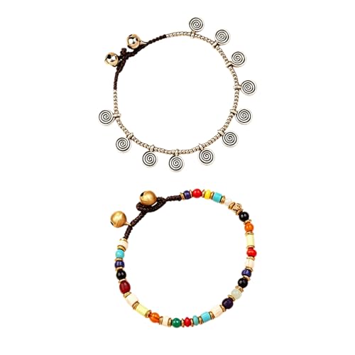 Moguxb Bracelet Femme 2 Pièces Bracelet Ethnique Rétro Bracelet Bohème Bracelet Tressé à la Main avec Clochettes pour Femmes