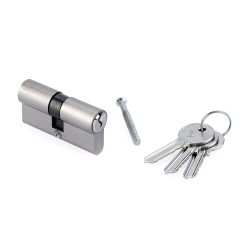 Bombín de Seguridad con Llave de Serreta para Puerta, Cilindro Perfil Europeo de Latón Niquelado, Medida 30x30mm, Incluye 3 Llaves, Doble Entrada para Cerradura de Recambio