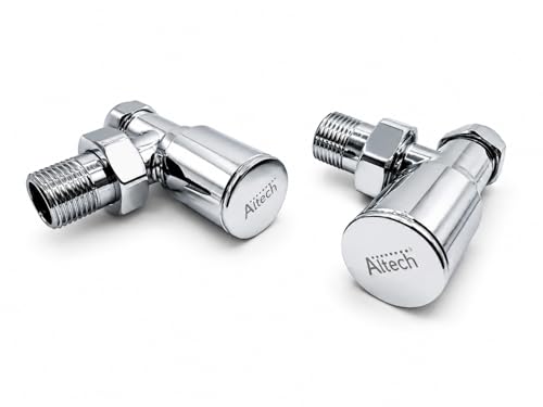 Image of Altech Polished Chrome Angled Radiator Valves Pair, 15mm Compression Connection, 1/2" BSP Male + Union, Manual Decorative Radiator Valve Set for Heated Towel Rails & Bathroom Radiators - EVO