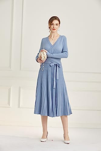 Image of Women's Long Knit Crewneck Sweater Dress Tie Waist A-Line Swing Pleated Bodycon