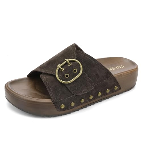 UBFEN Womens Platform Sandals Slides Genuine Leather Adjustable Buckle and Cushion Footbed Comfortable Slip On Retro Shoes