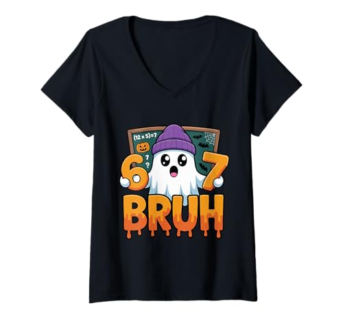 Womens 67 Teacher Ghost Six Seven Meme Math Equation Bruh Halloween V-Neck T-Shirt