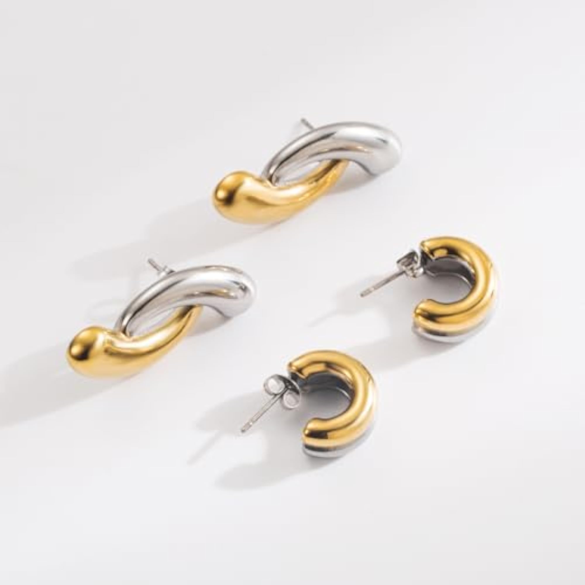 Women's Double Ring Two Color C Shape Stainless Steel Hoop Earrings