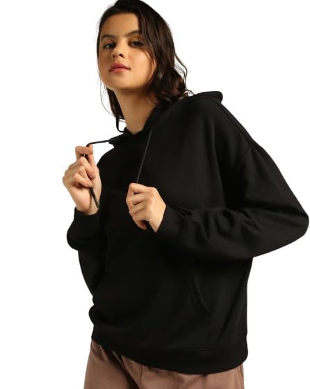 Image of Solid Long Sleeves Hooded Neck Sweatshirt with Kangaroo Pocket Hoodie for Women's