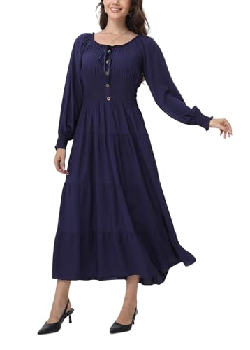 Image of OSTOO Women's 2026 Casual Long Sleeve Square Neck Smocked High Waist Flowy Maxi Dress,Boho Tiered Beach Party Dress